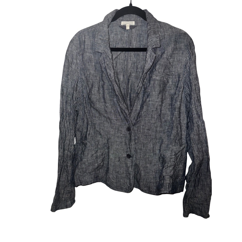 Eileen Fisher Womens XL Blue White Pinstripe 100% Linen Two Button Blazer Jacket